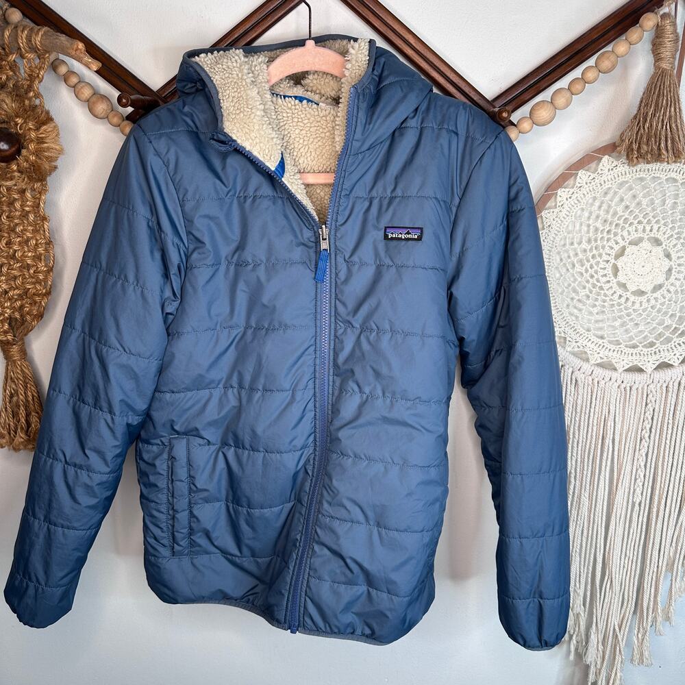 Patagonia Reversible Ready Freddy Blue Cream Fleece Full Zip Hooded Jacket